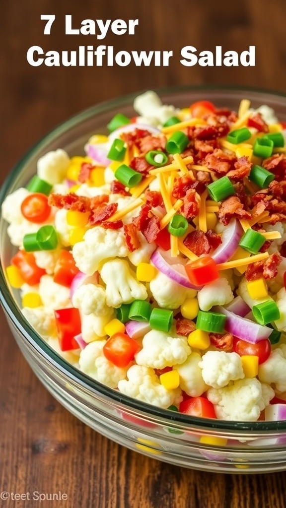 A colorful 7-layer cauliflower salad with layers of vegetables, cheese, and bacon in a glass dish.